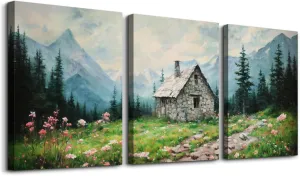 SERIMINO Nature Landscape Canvas Wall Art for Living Room, Forest Mountain Canvas Prints Paintings Room Decor, Cottage Meadow Wildflower Modern Farmhouse Wall Decor Set of 3, 20"X28"