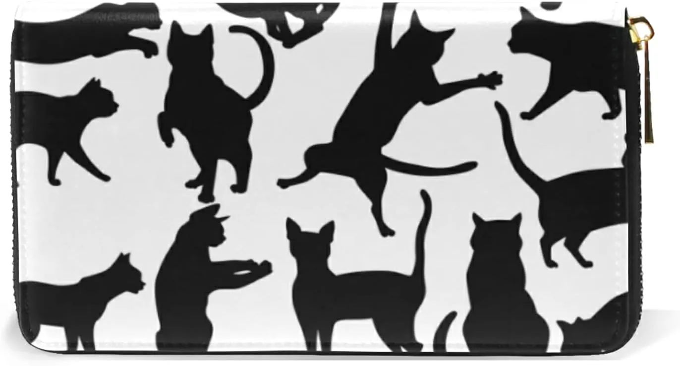 Set of Silhouettes of cats, Icons of cats in Different Poses on White Leather Long Wallet Organizer with Zipper Purse Clutch Bag for Women Men