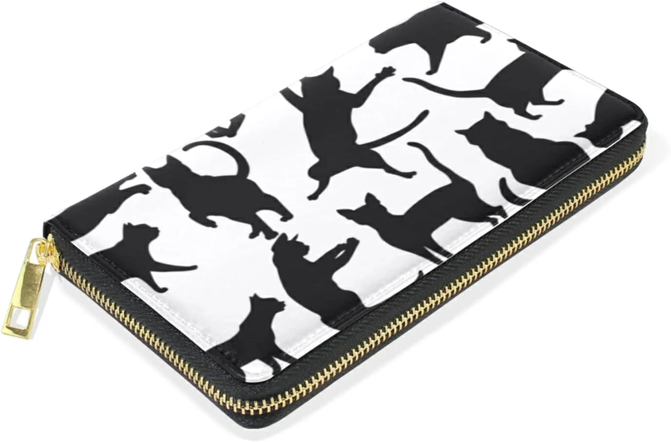 Set of Silhouettes of cats, Icons of cats in Different Poses on White Leather Long Wallet Organizer with Zipper Purse Clutch Bag for Women Men
