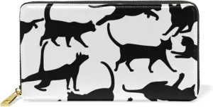 Set of Silhouettes of cats, Icons of cats in Different Poses on White Leather Long Wallet Organizer with Zipper Purse Clutch Bag for Women Men
