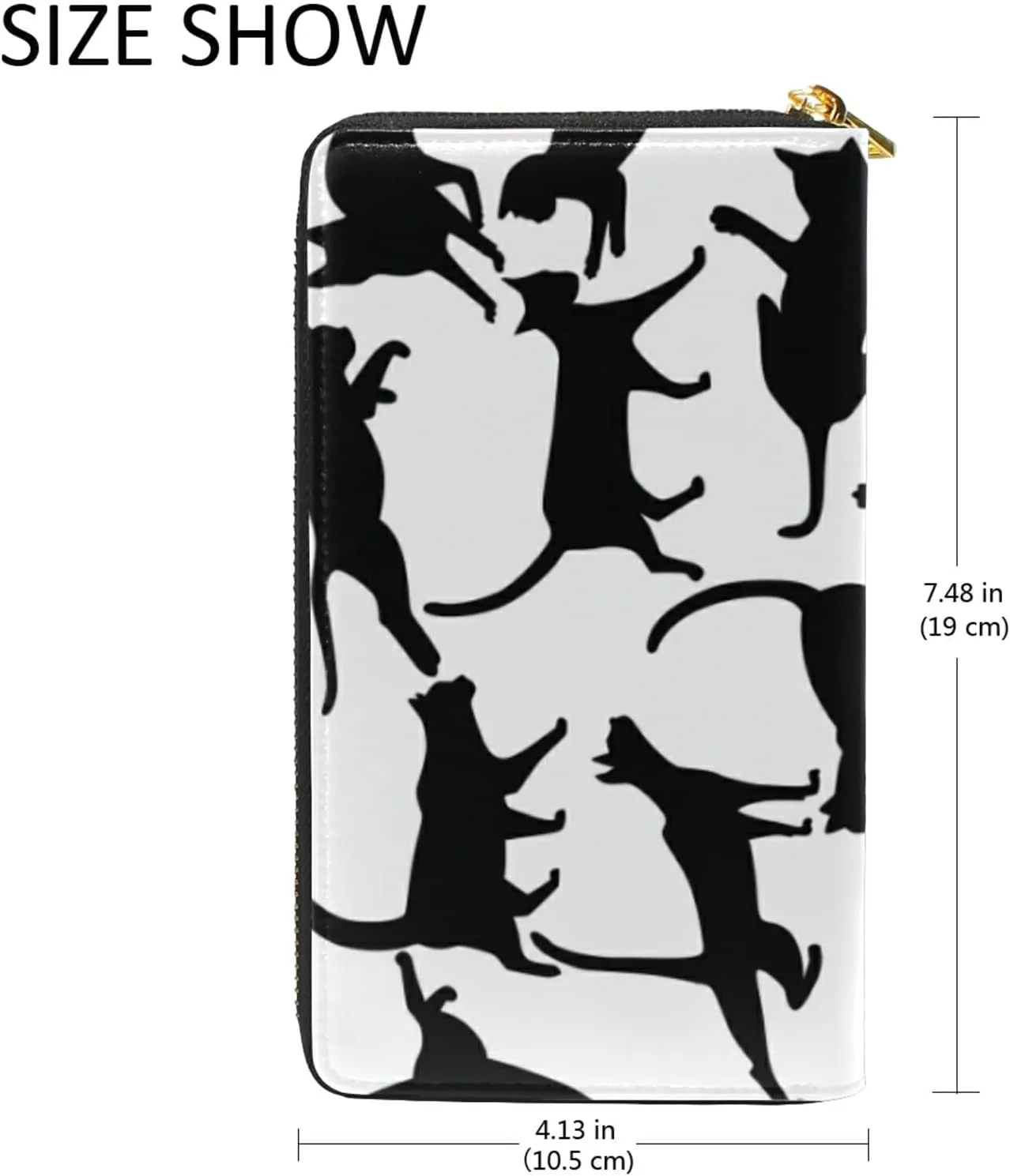 Set of Silhouettes of cats, Icons of cats in Different Poses on White Leather Long Wallet Organizer with Zipper Purse Clutch Bag for Women Men