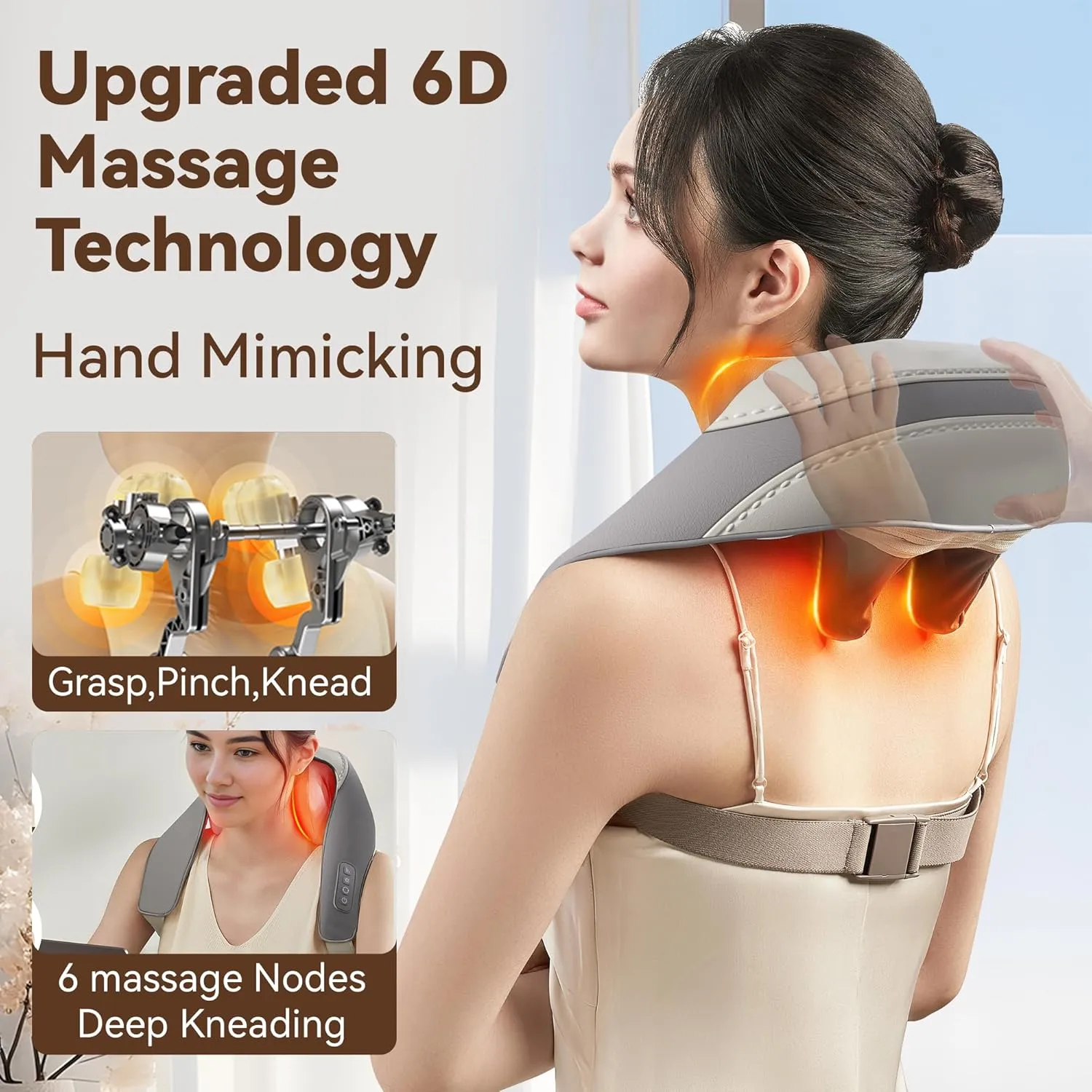 Shiatsu Neck and Shoulder Massager With Heat for Pain Relief, Deep Tissue Back Massager, Portable for Neck and Back, Gifts for Men and Women (Grey With Leather Handbag)