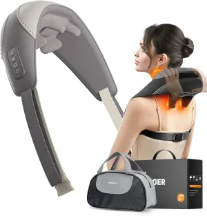 Shiatsu Neck and Shoulder Massager With Heat for Pain Relief, Deep Tissue Back Massager, Portable for Neck and Back, Gifts for Men and Women (Grey With Leather Handbag)