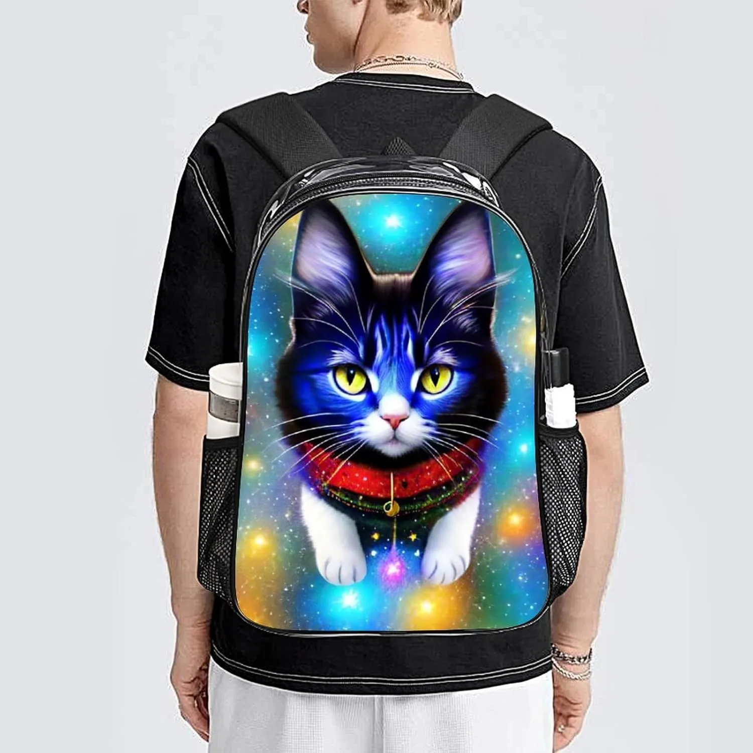 Shoulder Book Bags Anti-Theft Multipurpose Big Capacity Bookbag - Galaxy Cat Art Travel Hiking Backpack Transparent Bag