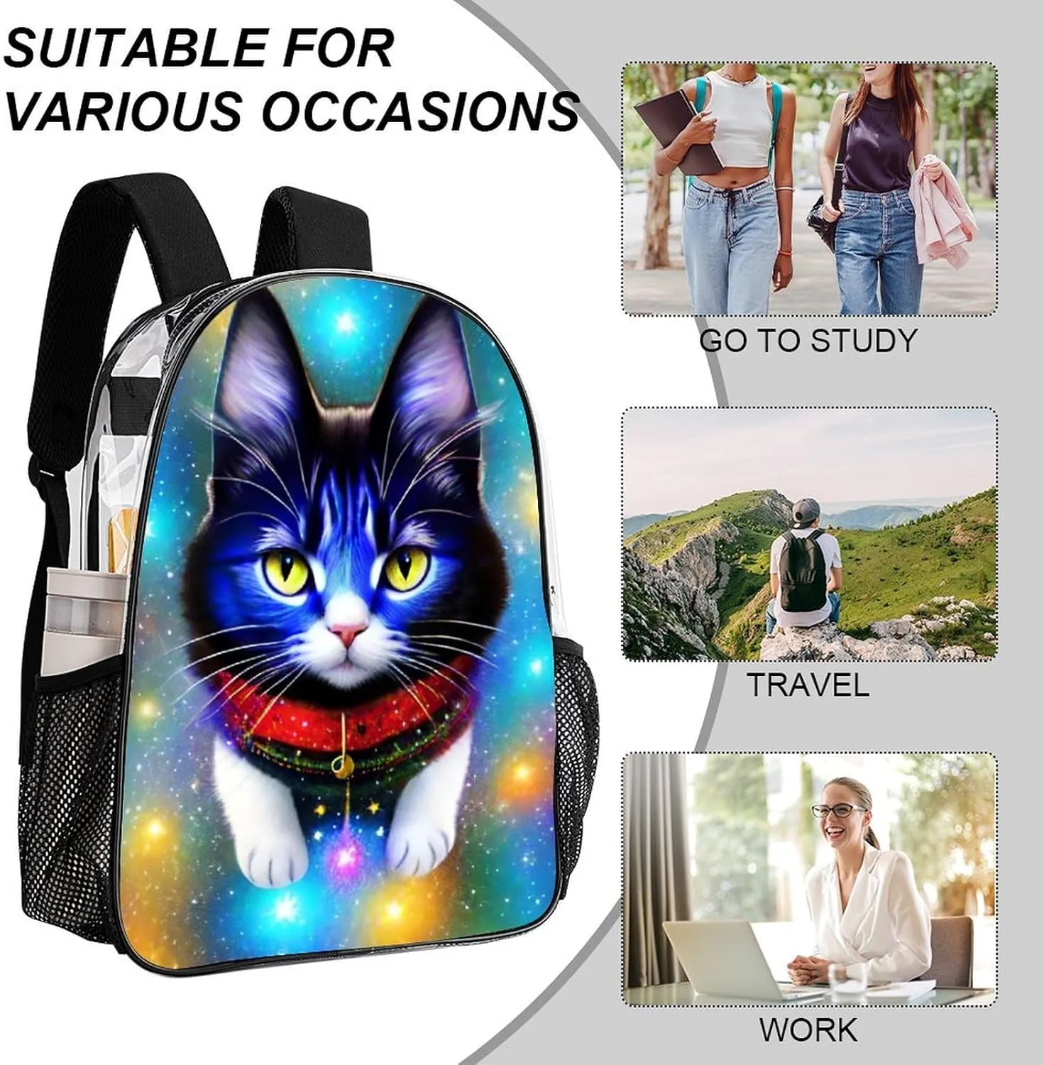 Shoulder Book Bags Anti-Theft Multipurpose Big Capacity Bookbag - Galaxy Cat Art Travel Hiking Backpack Transparent Bag