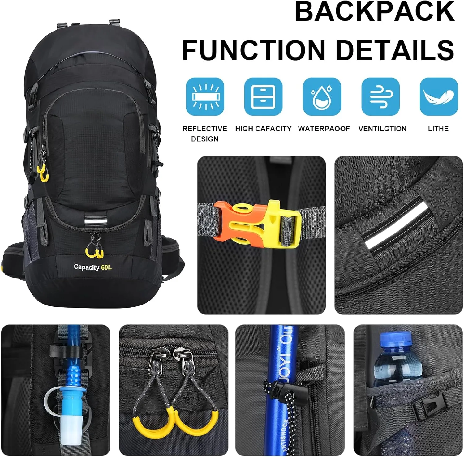 ShowyLive 60L Hiking Backpack for Men/Women - Lightweight Waterproof Travel Backpack with Rain Cover, Multi-Compartments, Adjustable Straps - Large Camping Bag for Outdoor Adventures (Black)