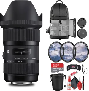 Sigma 18-35mm f/1.8 DC HSM Art Lens for Nikon (210-306) Bundle: 64 GB Memory Card, Card Reader, Backpack, Lens Pouch, Front and Rear Lens Caps, 3-Piece Filter Kit, Full Cleaning Kit, and More
