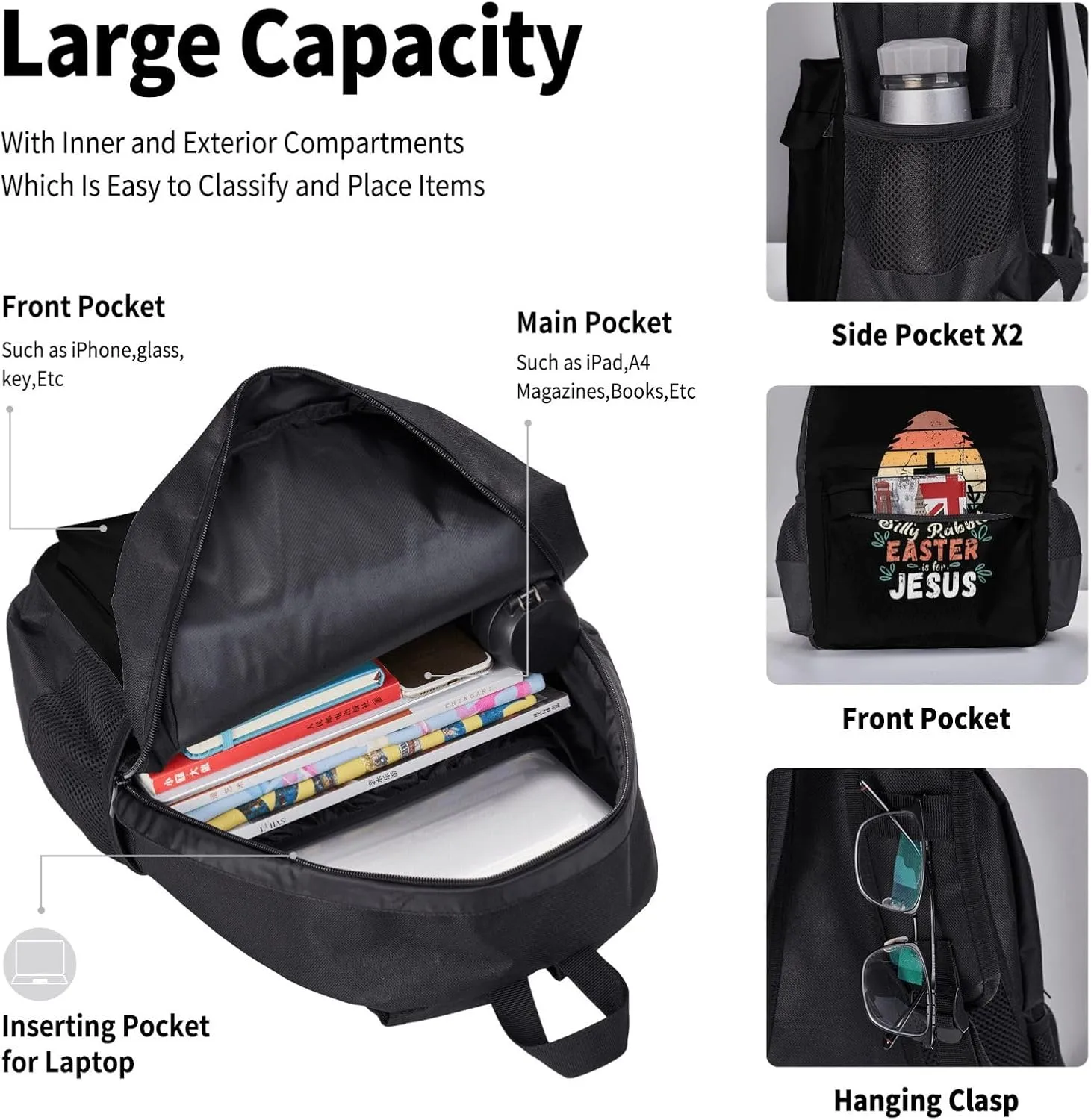 Silly Rabbit Easter Is For Jesus Religious Christian Multifunctional Pocket Backpack Crossbody Lunch Bag Pencil Case 3Pcs Set Large Capacity Backpack