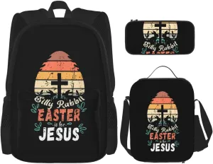 Silly Rabbit Easter Is For Jesus Religious Christian Multifunctional Pocket Backpack Crossbody Lunch Bag Pencil Case 3Pcs Set Large Capacity Backpack