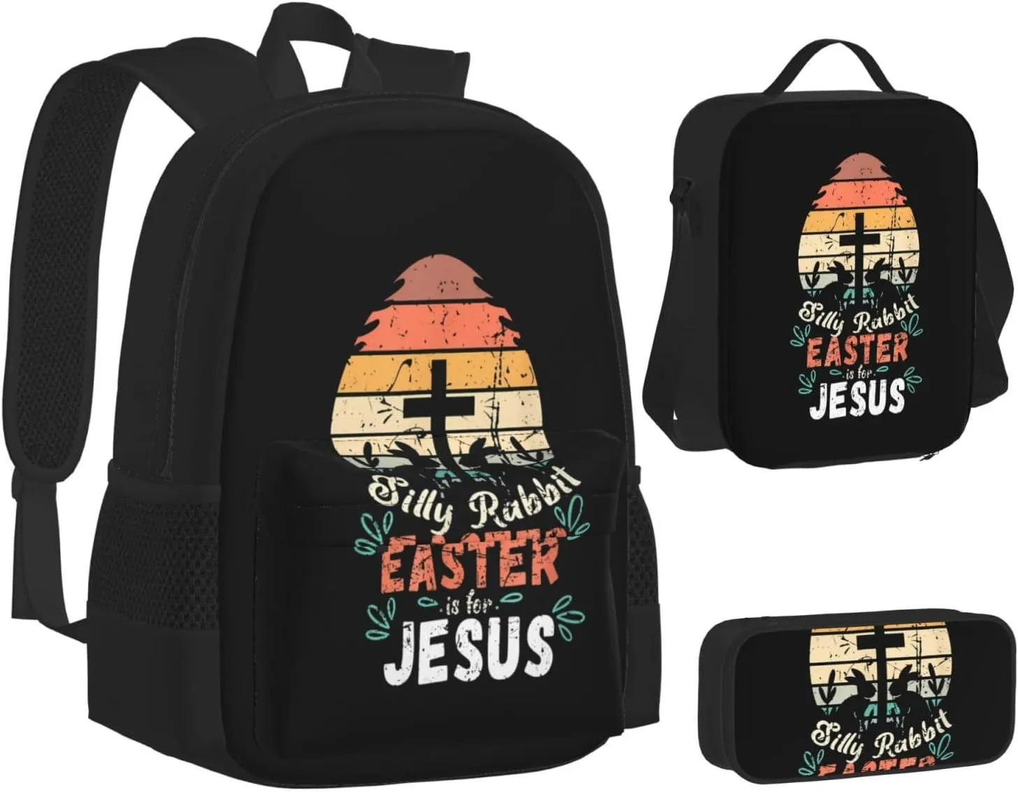 Silly Rabbit Easter Is For Jesus Religious Christian Multifunctional Pocket Backpack Crossbody Lunch Bag Pencil Case 3Pcs Set Large Capacity Backpack