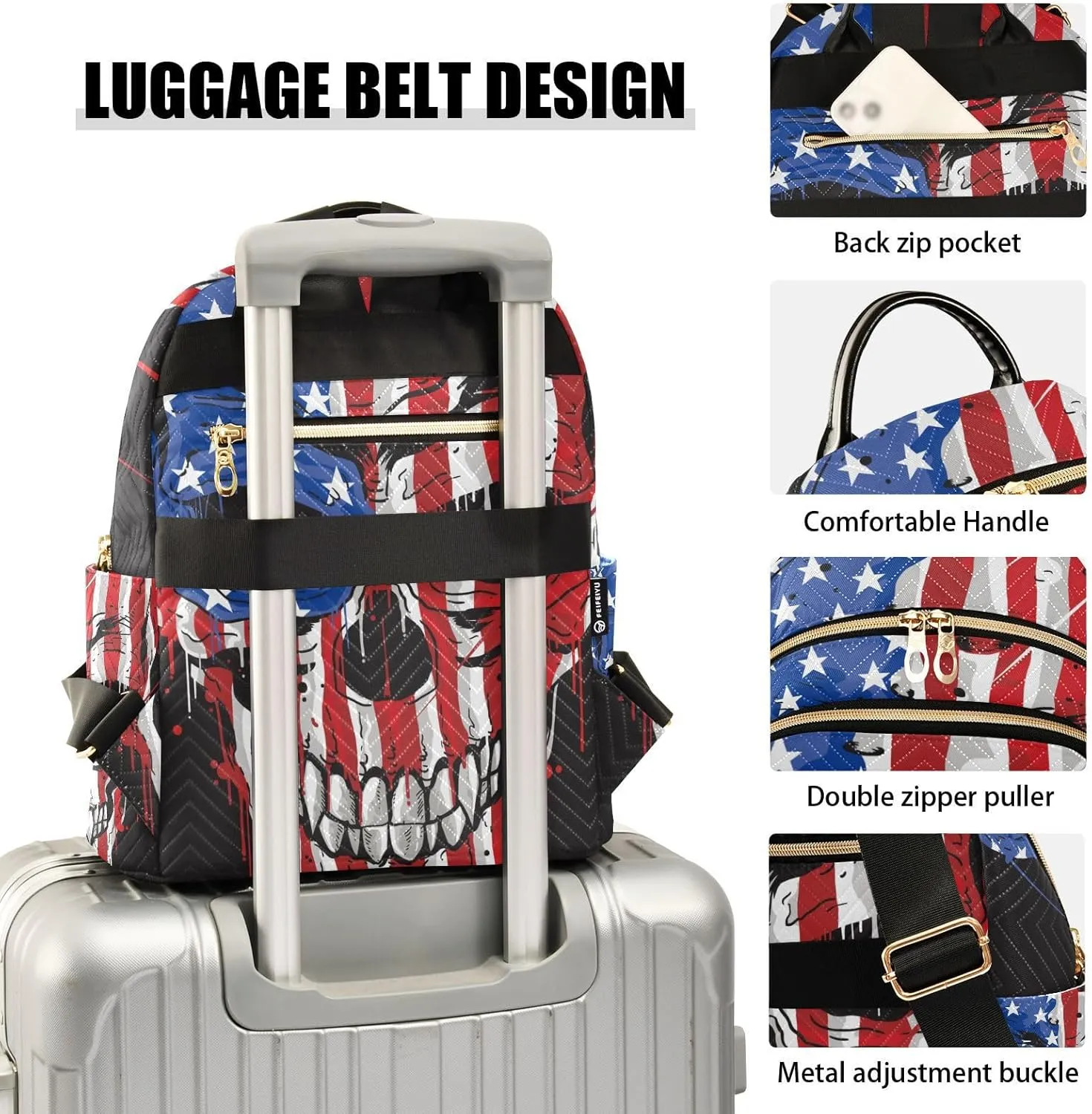Skull Head America Flag Mini Backpack for Women, Travel Backpack Purse Daypack Shoulder Bag for Ladies