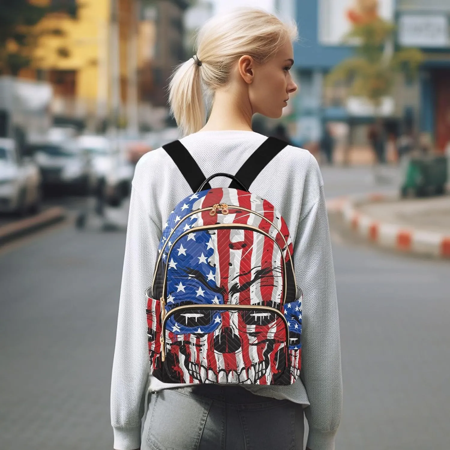 Skull Head America Flag Mini Backpack for Women, Travel Backpack Purse Daypack Shoulder Bag for Ladies