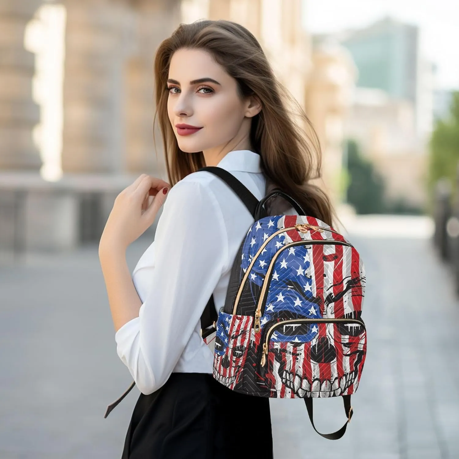 Skull Head America Flag Mini Backpack for Women, Travel Backpack Purse Daypack Shoulder Bag for Ladies