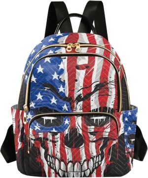 Skull Head America Flag Mini Backpack for Women, Travel Backpack Purse Daypack Shoulder Bag for Ladies