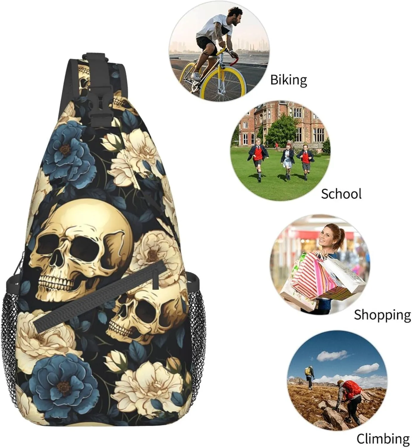 Skull Sling Backpack Chest Bag Crossbody Shoulder Bag Gym Cycling Travel Hiking Daypack For Men Women
