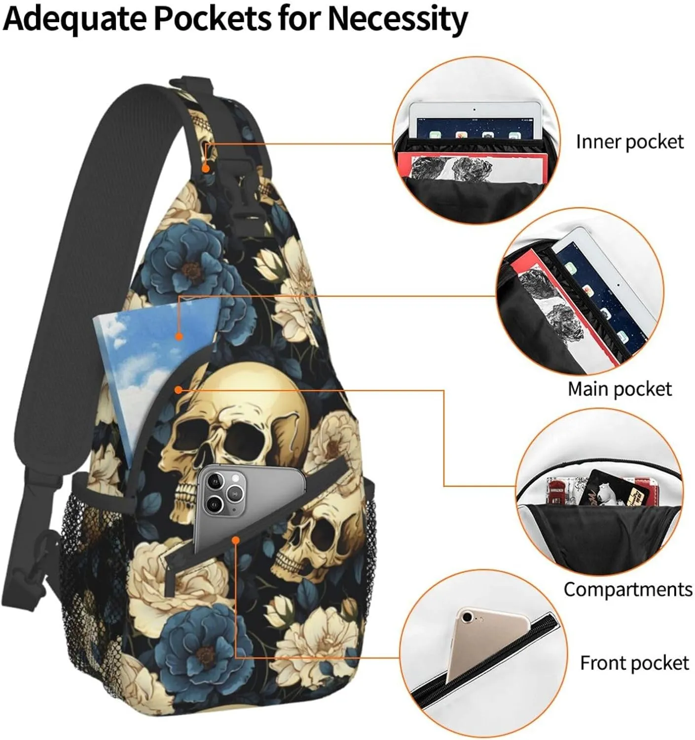 Skull Sling Backpack Chest Bag Crossbody Shoulder Bag Gym Cycling Travel Hiking Daypack For Men Women