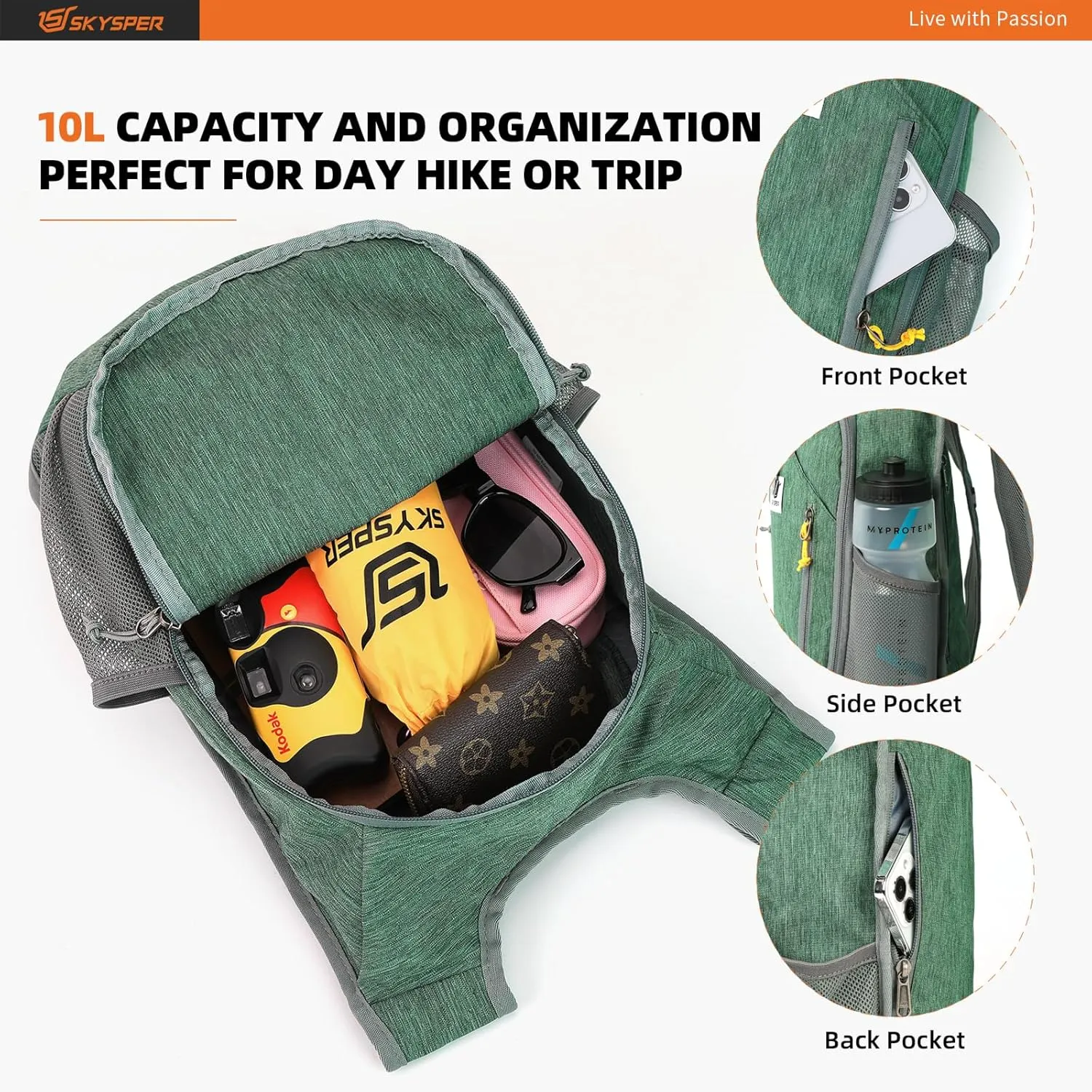 SKYSPER 10L Hiking Backpack Small Hiking Daypack Packable Lightweight Travel Day Pack for Women Men(Green)