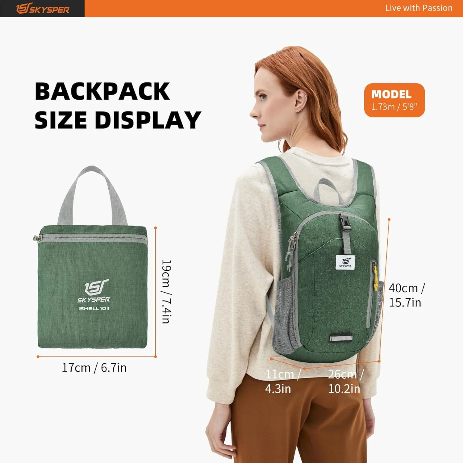 SKYSPER 10L Hiking Backpack Small Hiking Daypack Packable Lightweight Travel Day Pack for Women Men(Green)