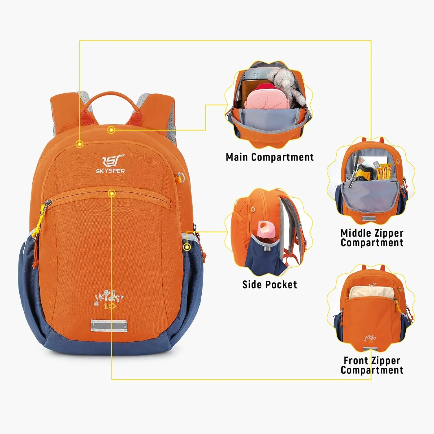 SKYSPER 10L Kids Backpack for Girls Boys, Toddler Hiking Backpack with Chest Strap, Comfortable Daypack for Travel and Preschool Kindergarten, Orang