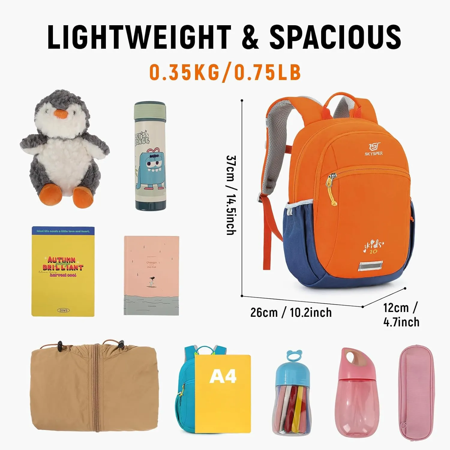 SKYSPER 10L Kids Backpack for Girls Boys, Toddler Hiking Backpack with Chest Strap, Comfortable Daypack for Travel and Preschool Kindergarten, Orang