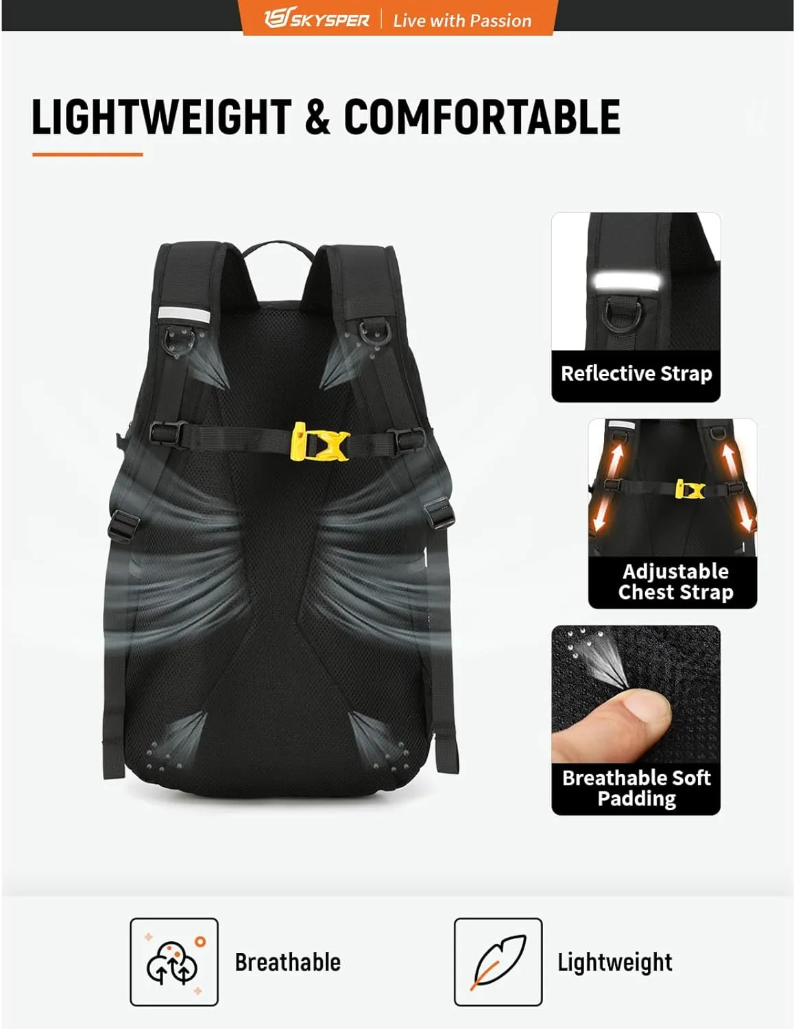 SKYSPER Hiking Backpack 30L Lightweight Travel Backpack Hiking Day Pack for Men Women(Black)
