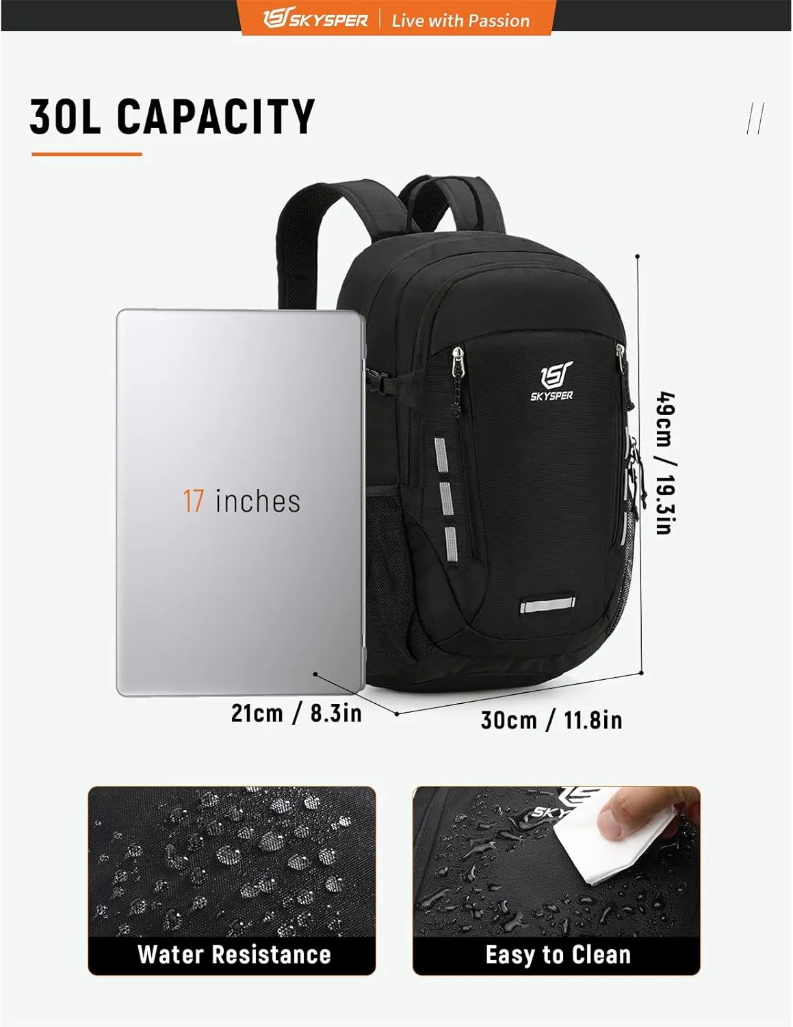 SKYSPER Hiking Backpack 30L Lightweight Travel Backpack Hiking Day Pack for Men Women(Black)