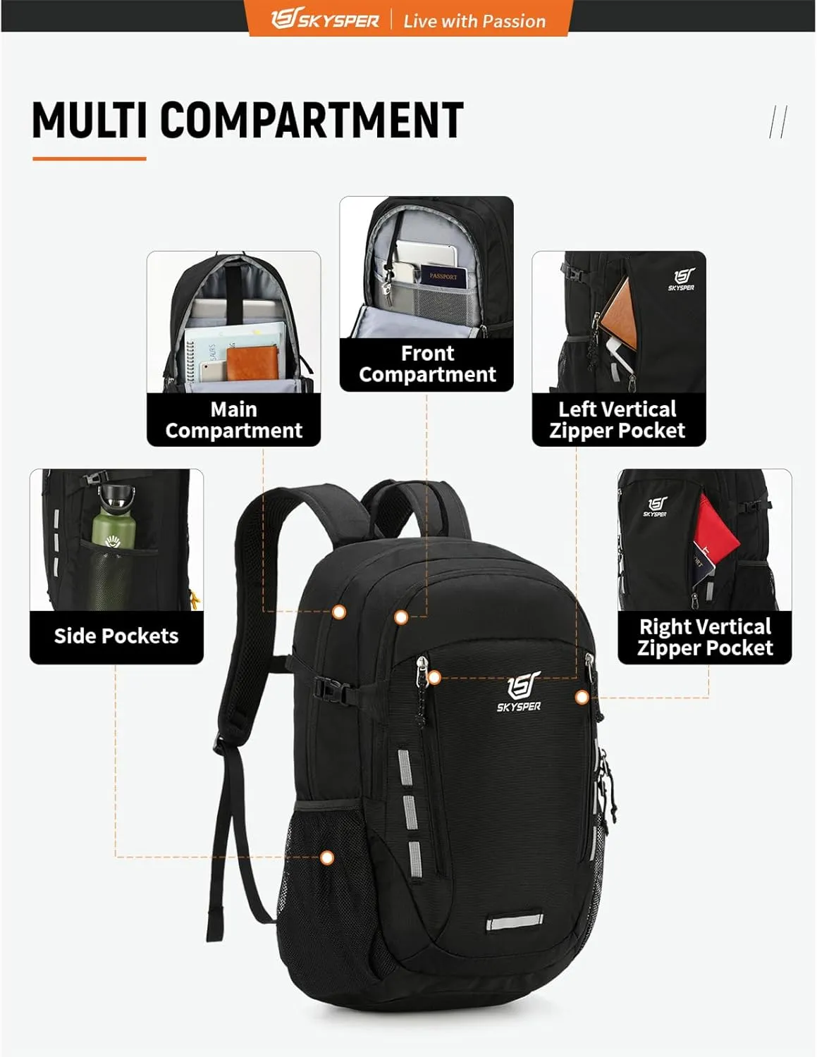 SKYSPER Hiking Backpack 30L Lightweight Travel Backpack Hiking Day Pack for Men Women(Black)