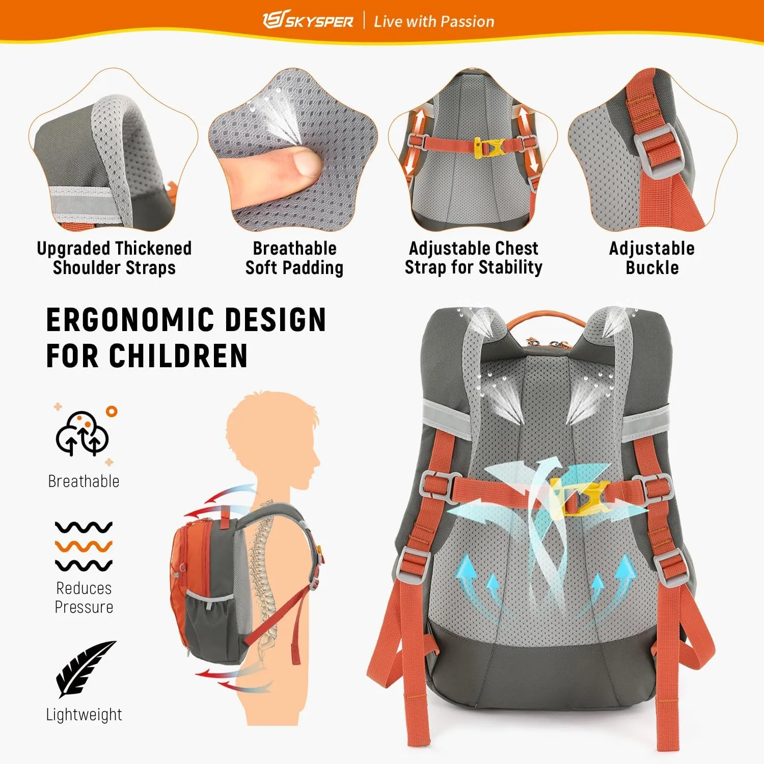 SKYSPER Toddler Backpack with Leash for Boys Girls Kids Travel Backpack Preschool Kindergarten Backpack for Outdoor Day Trips(Orange)
