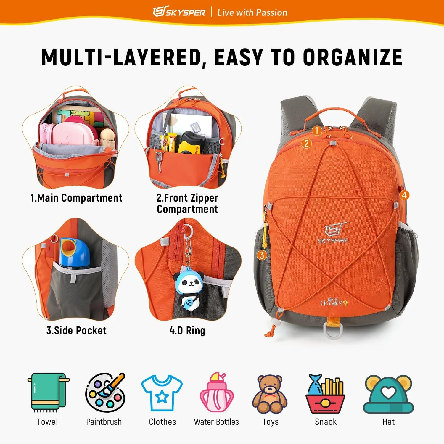 SKYSPER Toddler Backpack with Leash for Boys Girls Kids Travel Backpack Preschool Kindergarten Backpack for Outdoor Day Trips(Orange)