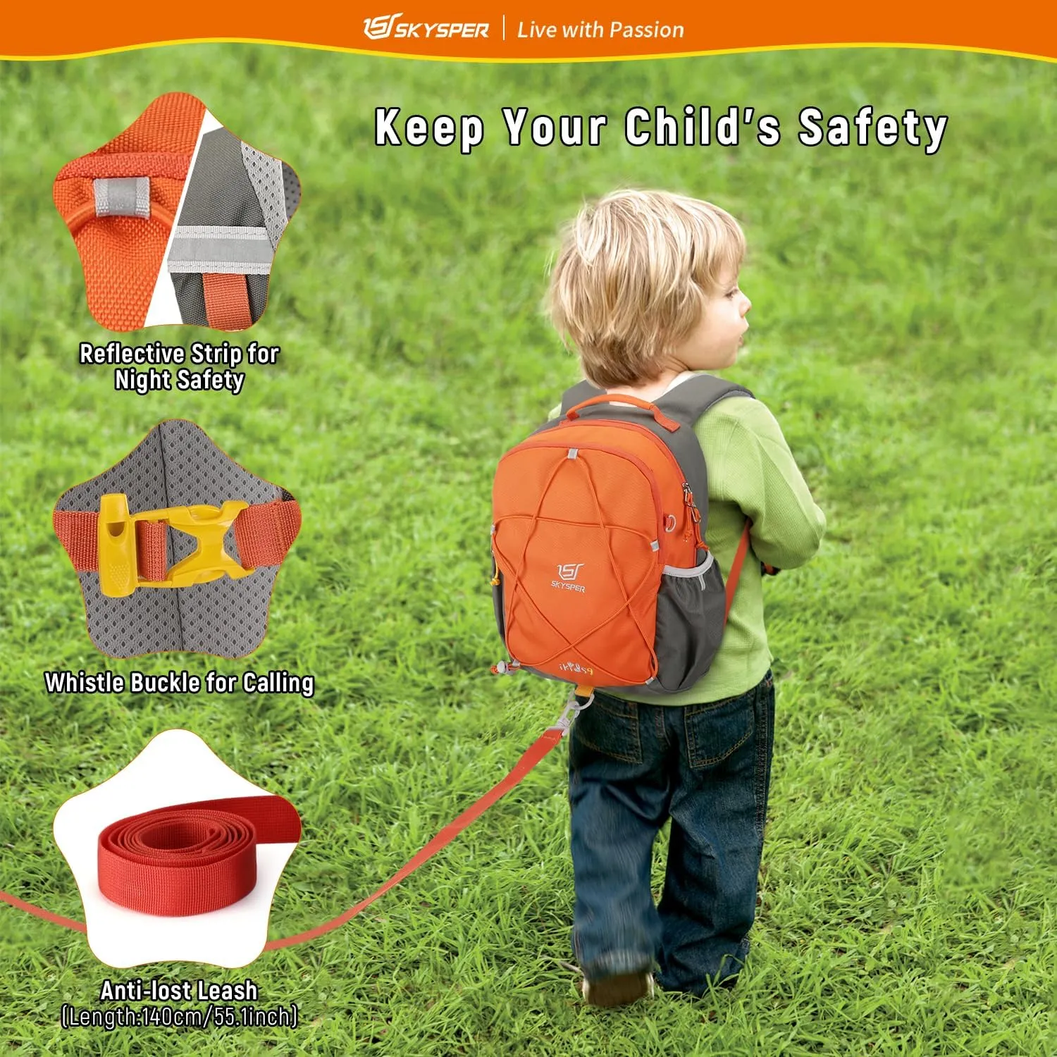SKYSPER Toddler Backpack with Leash for Boys Girls Kids Travel Backpack Preschool Kindergarten Backpack for Outdoor Day Trips(Orange)