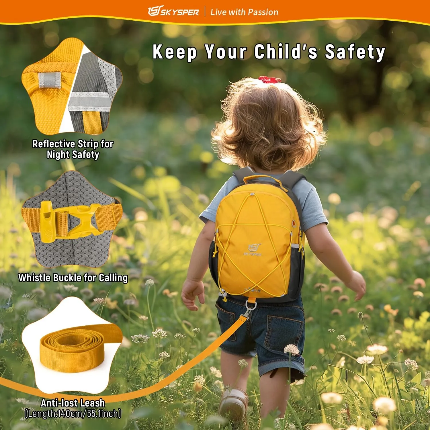 SKYSPER Toddler Backpack with Leash for Boys Girls Kids Travel Backpack Preschool Kindergarten Backpack for Outdoor Day Trips(Yellow)