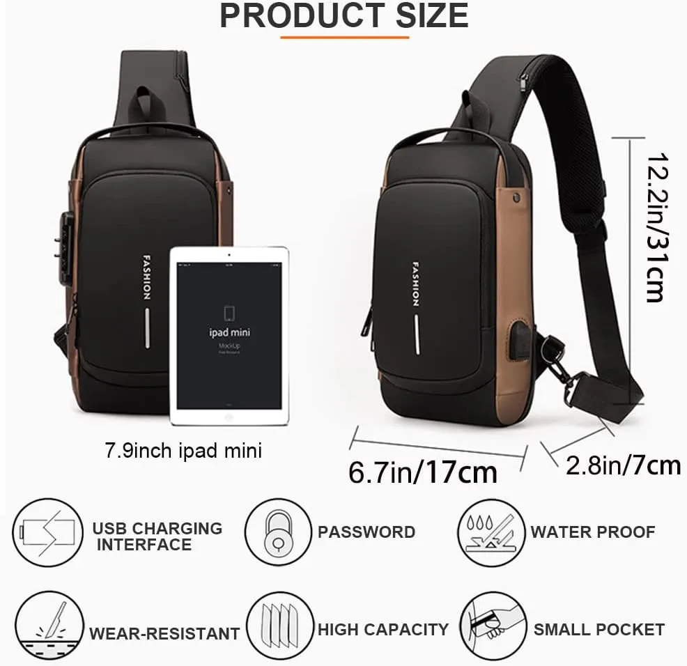 Sling Backpack USB Waterproof Chest Daypack Casual Shoulder Bag (Brown)