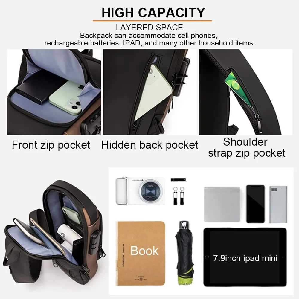 Sling Backpack USB Waterproof Chest Daypack Casual Shoulder Bag (Brown)