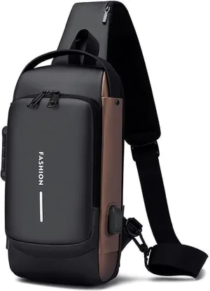 Sling Backpack USB Waterproof Chest Daypack Casual Shoulder Bag (Brown)