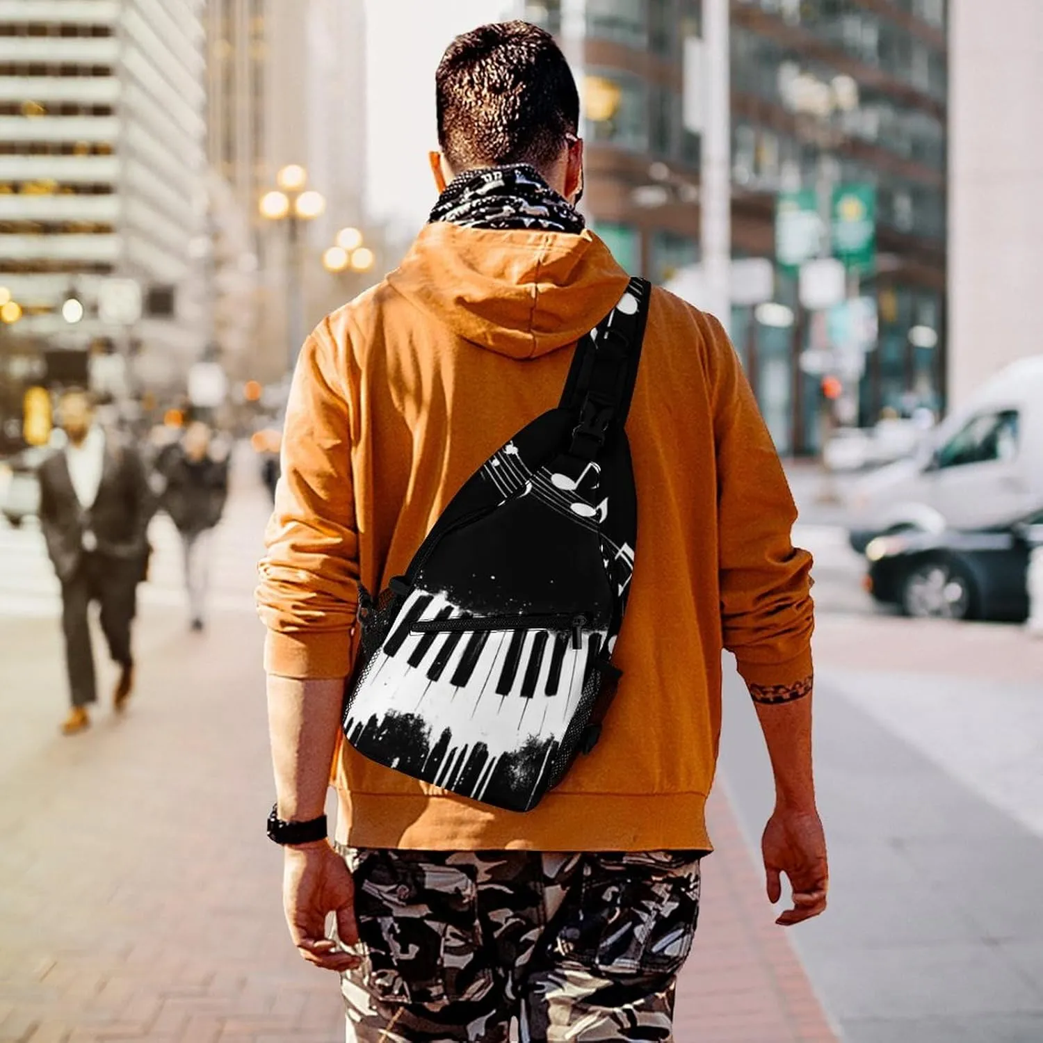 Sling Shoulder Backpack for Men Women Multipurpose Anti-Theft Gym Bags Sack Daypack Outdoor Backpack Carry On Bag, Black And White Piano Keys With Musical Notes Shoulder Crossbody Bag Chest Pack
