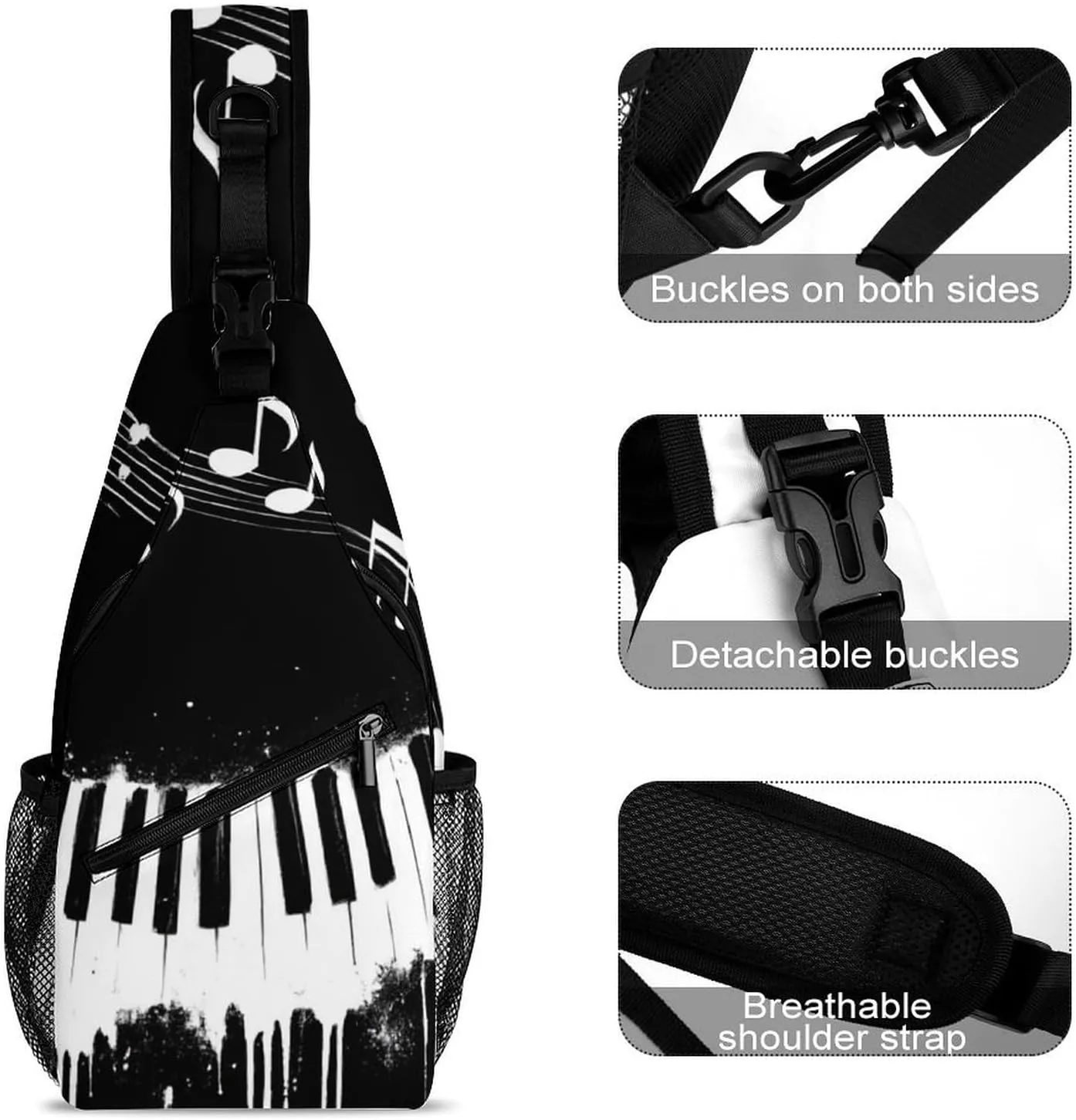 Sling Shoulder Backpack for Men Women Multipurpose Anti-Theft Gym Bags Sack Daypack Outdoor Backpack Carry On Bag, Black And White Piano Keys With Musical Notes Shoulder Crossbody Bag Chest Pack