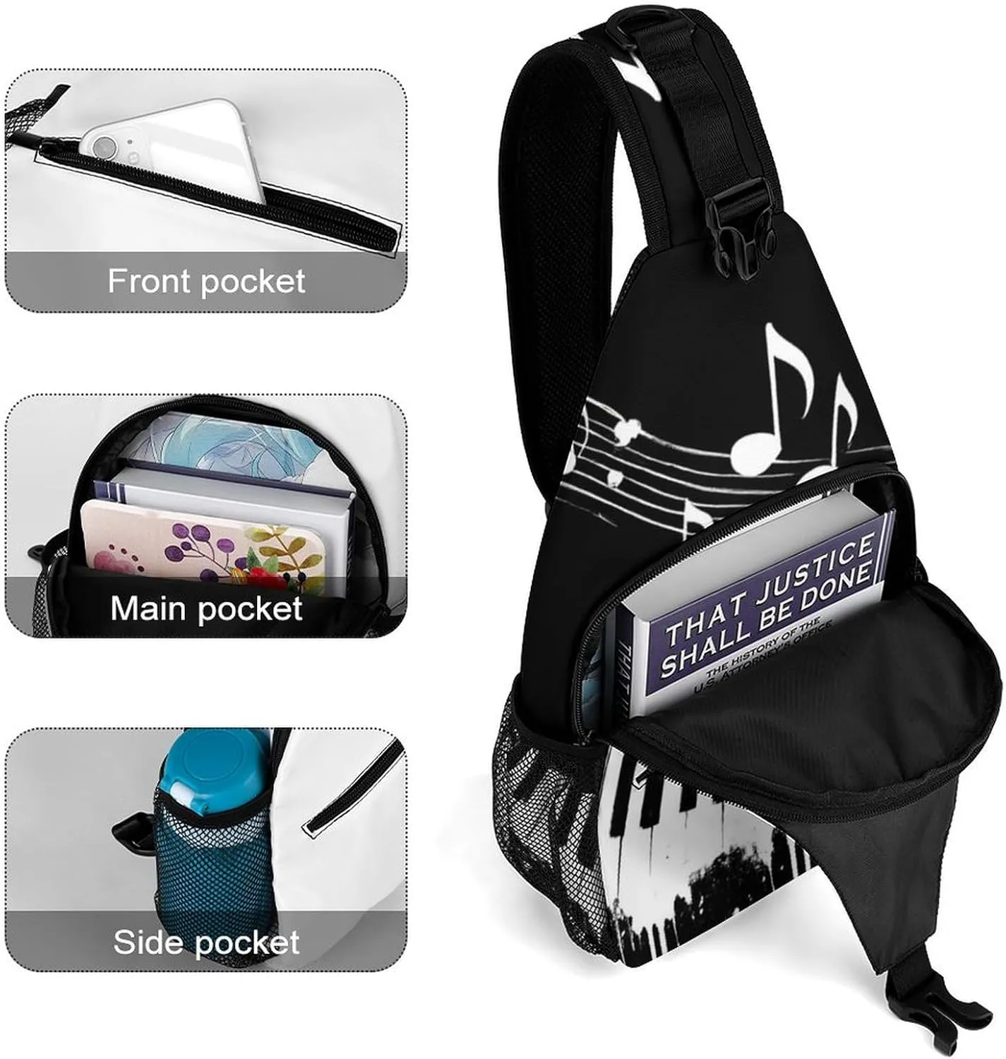 Sling Shoulder Backpack for Men Women Multipurpose Anti-Theft Gym Bags Sack Daypack Outdoor Backpack Carry On Bag, Black And White Piano Keys With Musical Notes Shoulder Crossbody Bag Chest Pack