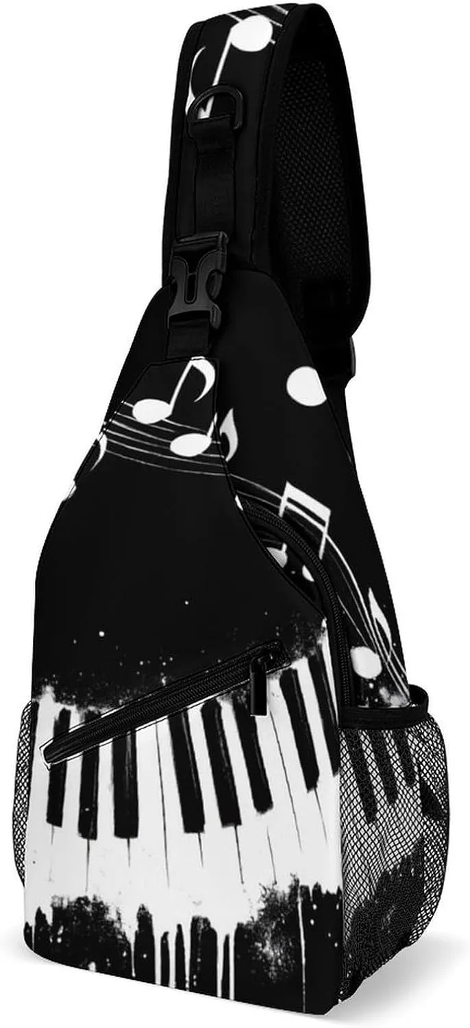 Sling Shoulder Backpack for Men Women Multipurpose Anti-Theft Gym Bags Sack Daypack Outdoor Backpack Carry On Bag, Black And White Piano Keys With Musical Notes Shoulder Crossbody Bag Chest Pack