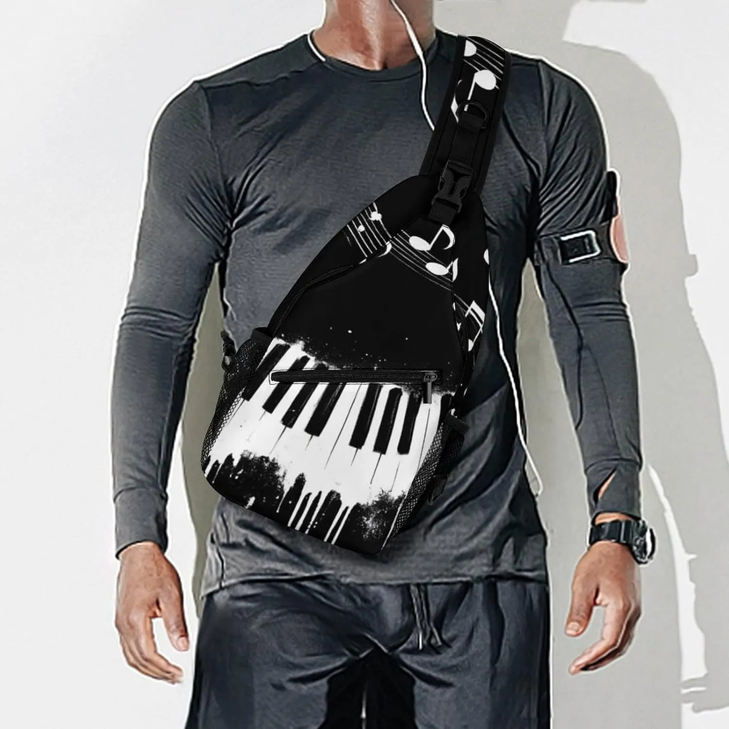 Sling Shoulder Backpack for Men Women Multipurpose Anti-Theft Gym Bags Sack Daypack Outdoor Backpack Carry On Bag, Black And White Piano Keys With Musical Notes Shoulder Crossbody Bag Chest Pack