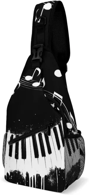 Sling Shoulder Backpack for Men Women Multipurpose Anti-Theft Gym Bags Sack Daypack Outdoor Backpack Carry On Bag, Black And White Piano Keys With Musical Notes Shoulder Crossbody Bag Chest Pack