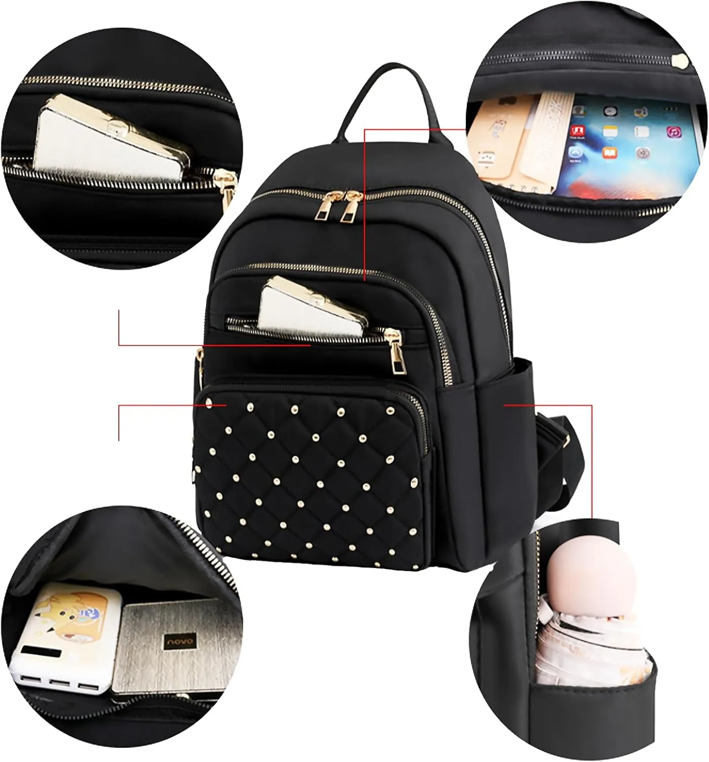 Small Backpack for Women Mini Travel Backpack Purse PU Leather Small Purses Cute Lightweight Back Pack Black Trendy Studded Bag