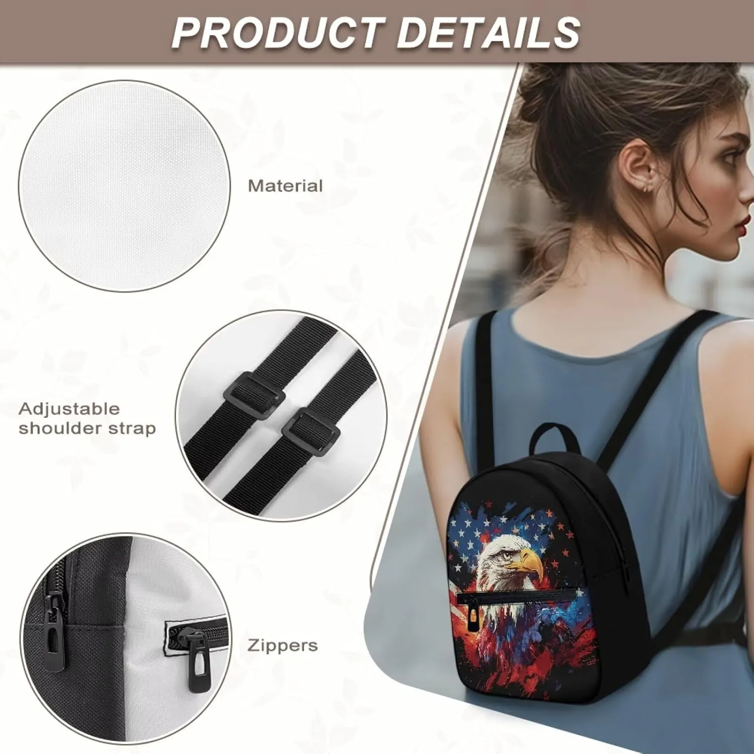 Small Backpack Purse for Women American Flag Eagle Print Cute Mini Backpack Purse Aesthetic Small Casual Rucksack Fashion Independence Day Decoration Gifts for Womens Lady