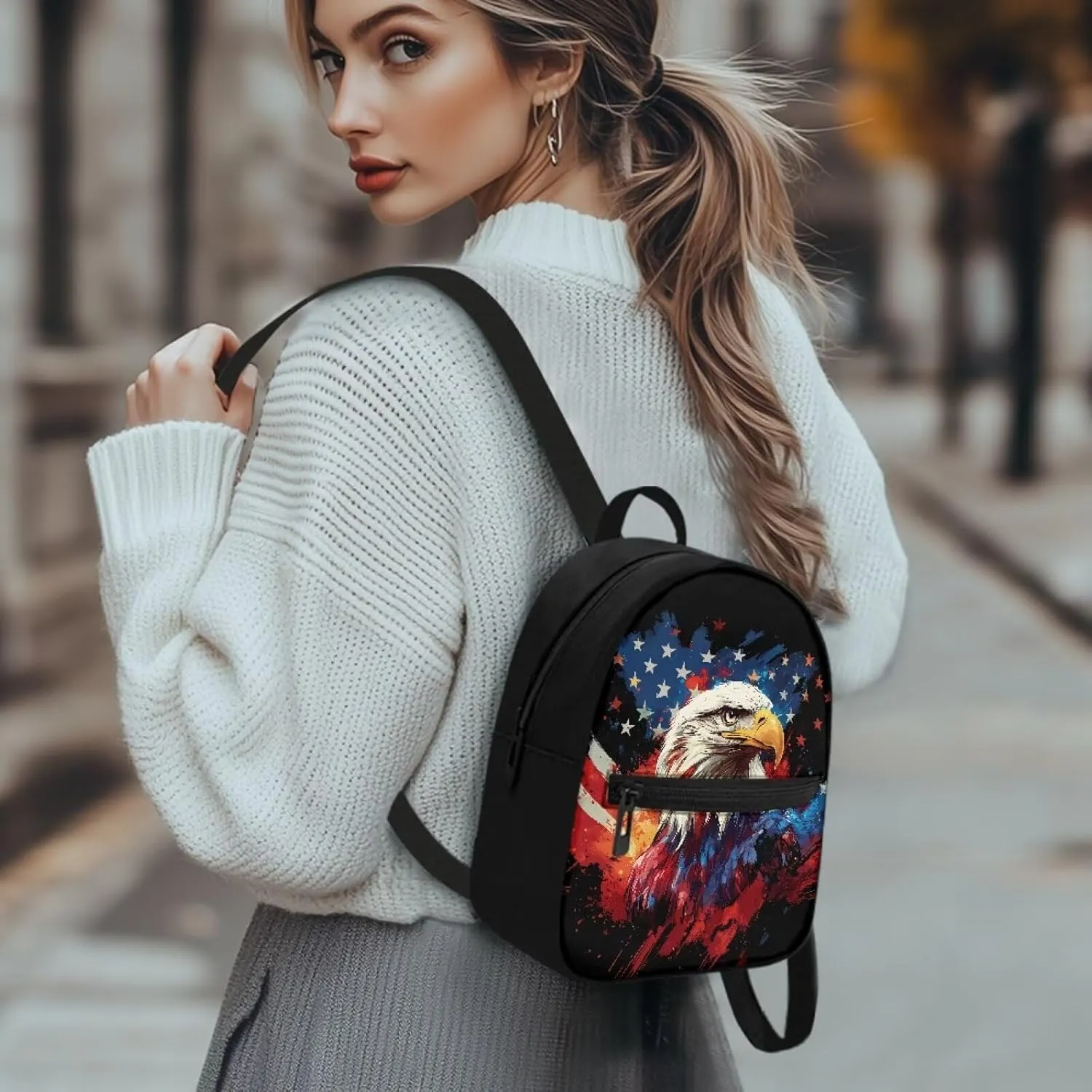 Small Backpack Purse for Women American Flag Eagle Print Cute Mini Backpack Purse Aesthetic Small Casual Rucksack Fashion Independence Day Decoration Gifts for Womens Lady