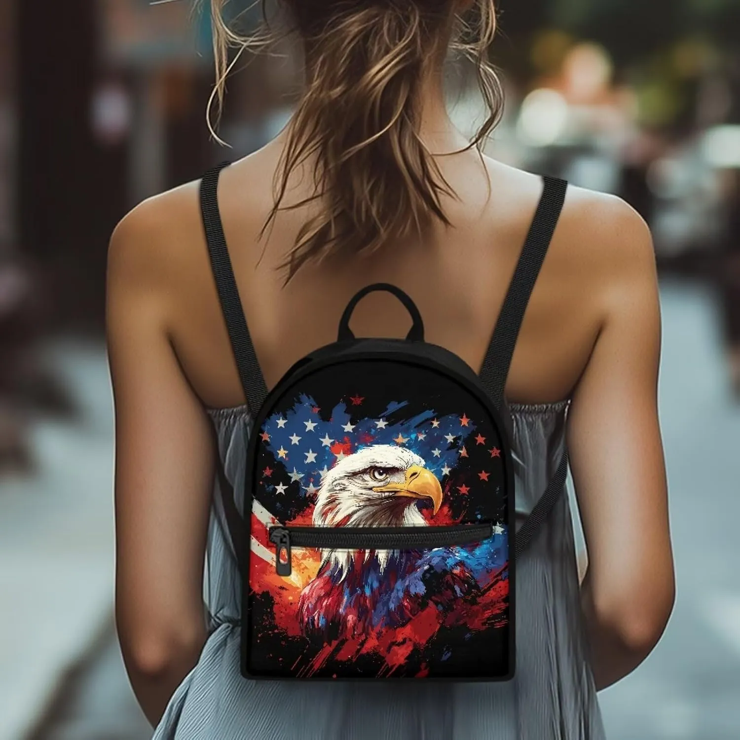 Small Backpack Purse for Women American Flag Eagle Print Cute Mini Backpack Purse Aesthetic Small Casual Rucksack Fashion Independence Day Decoration Gifts for Womens Lady