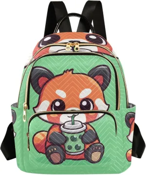 Small Backpack Purse for Women, Red Panda Holding Juice Travel Bag Casual Daypack Shoulder Bag