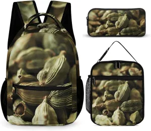 Small Cardamom Seeds 3 Pcs Backpack Set Travel Bag Laptop Backpack with Lunch Bag Pencil Bag Casual Daypack