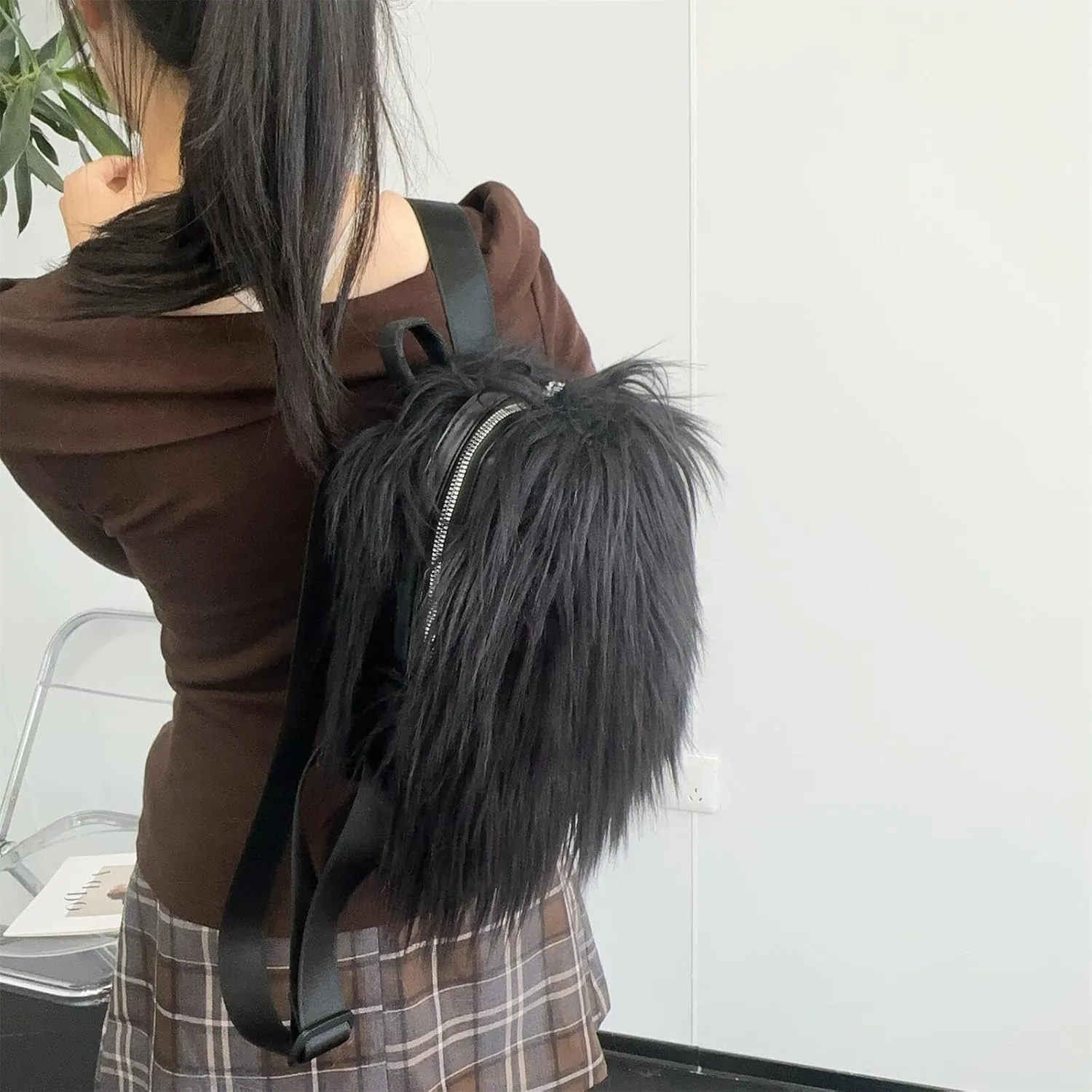 Small Mini Faux Fur Backpack for Women, Trendy Plush Day Pack, Cute Furry Backpack, Y2K Shoulder Purse (Black)