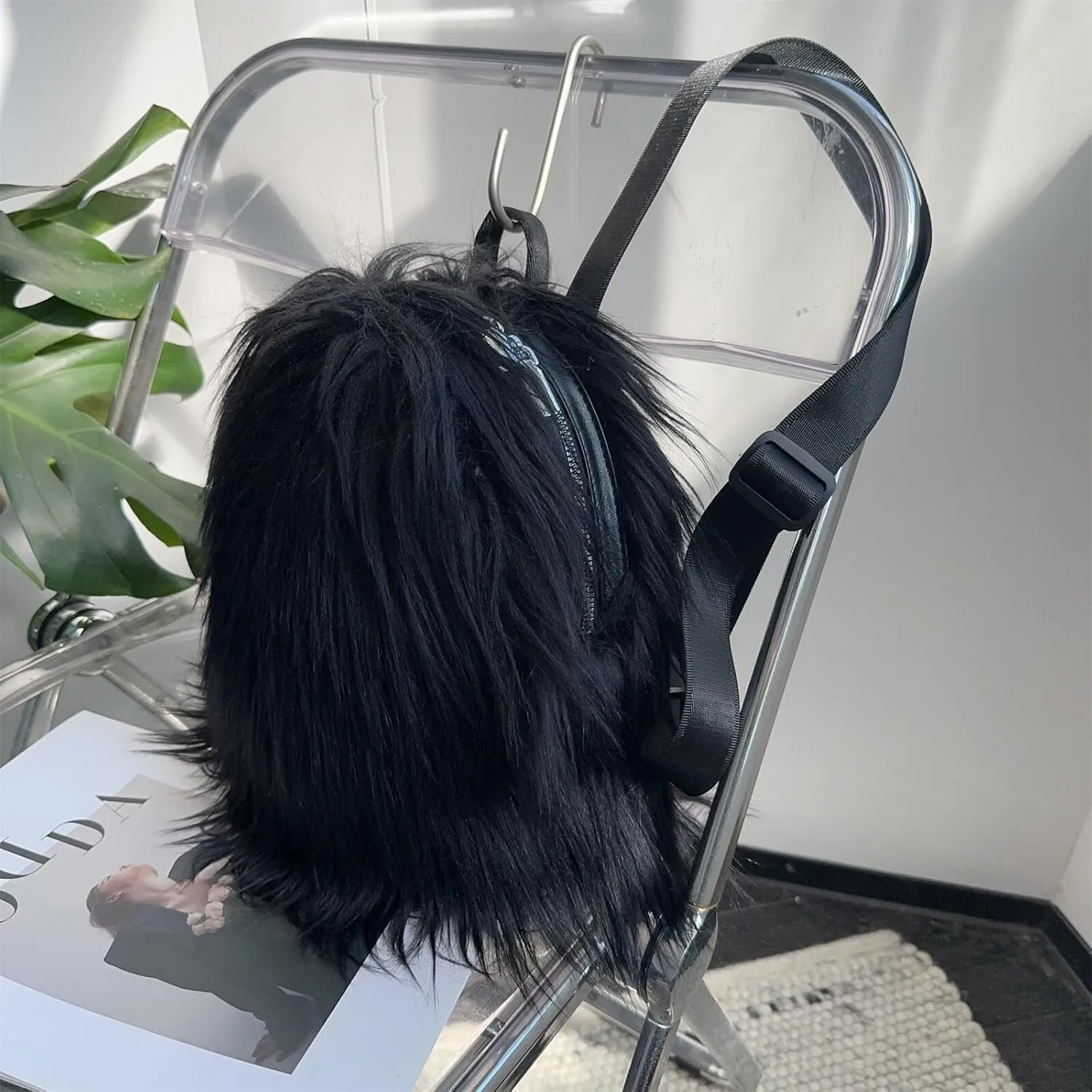 Small Mini Faux Fur Backpack for Women, Trendy Plush Day Pack, Cute Furry Backpack, Y2K Shoulder Purse (Black)