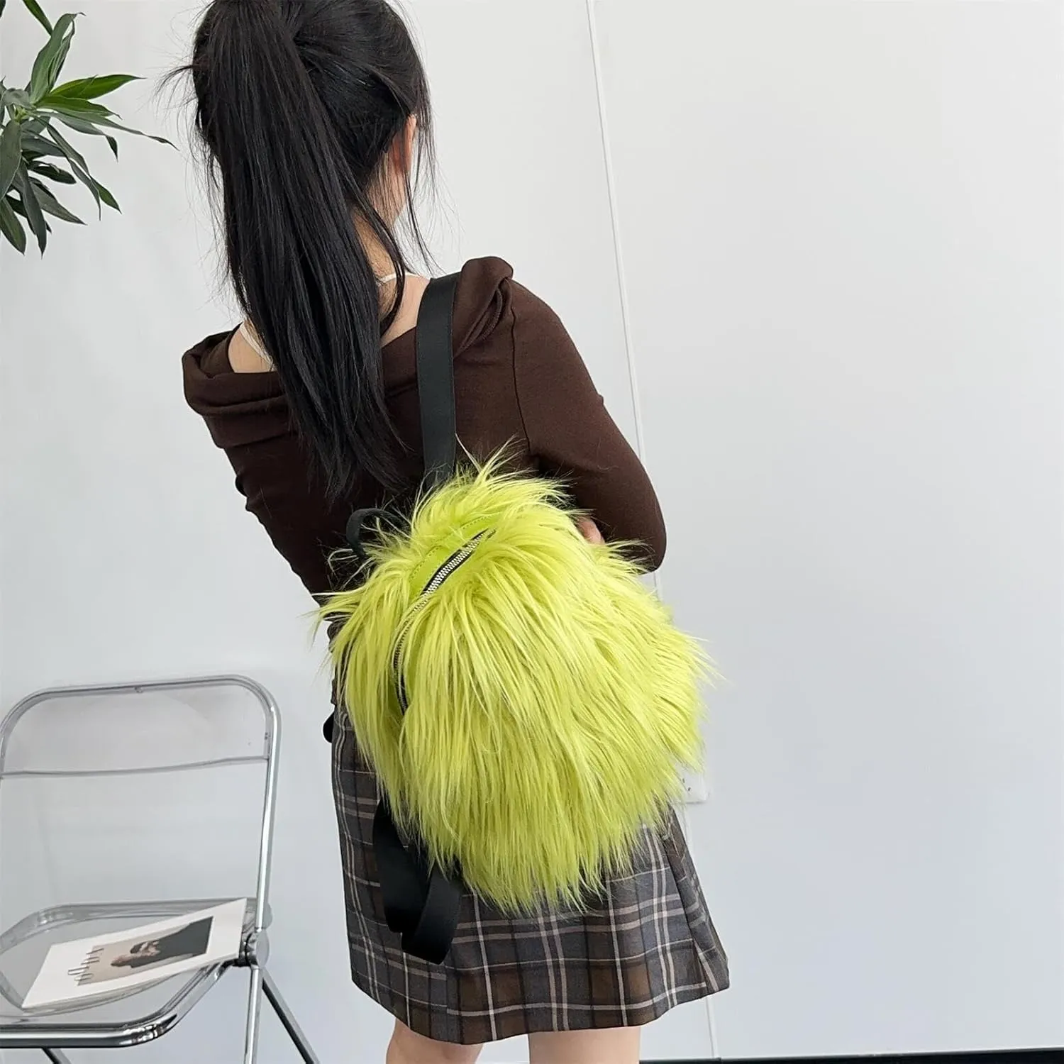 Small Mini Faux Fur Backpack for Women - Trendy Plush Day Pack - Cute Furry Backpack - Y2K Shoulder Purse (Lime-green)