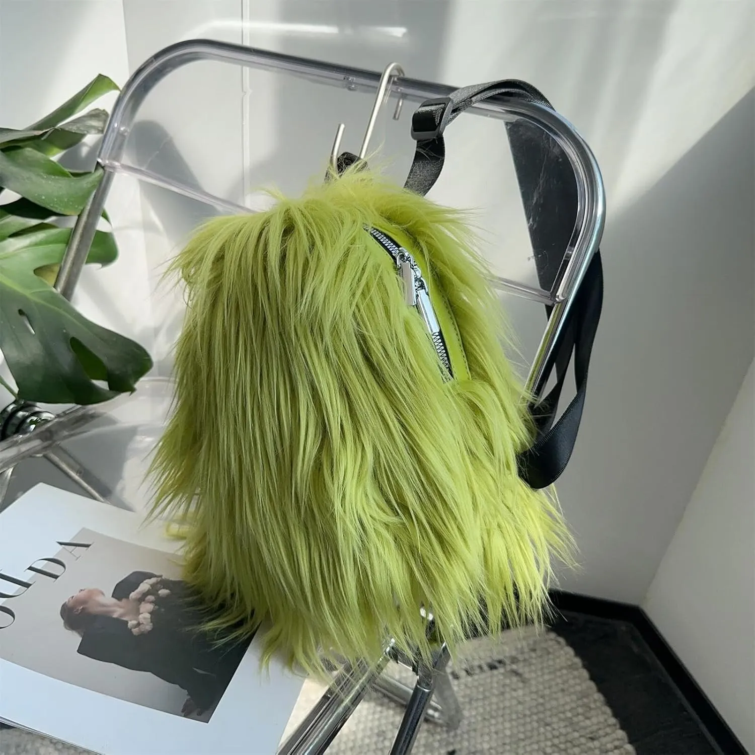Small Mini Faux Fur Backpack for Women - Trendy Plush Day Pack - Cute Furry Backpack - Y2K Shoulder Purse (Lime-green)